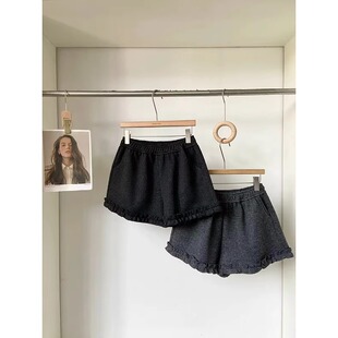 女显瘦休闲a字靴裤 大码 木耳花边灰色毛呢短裤 新款 韩国东大门冬季