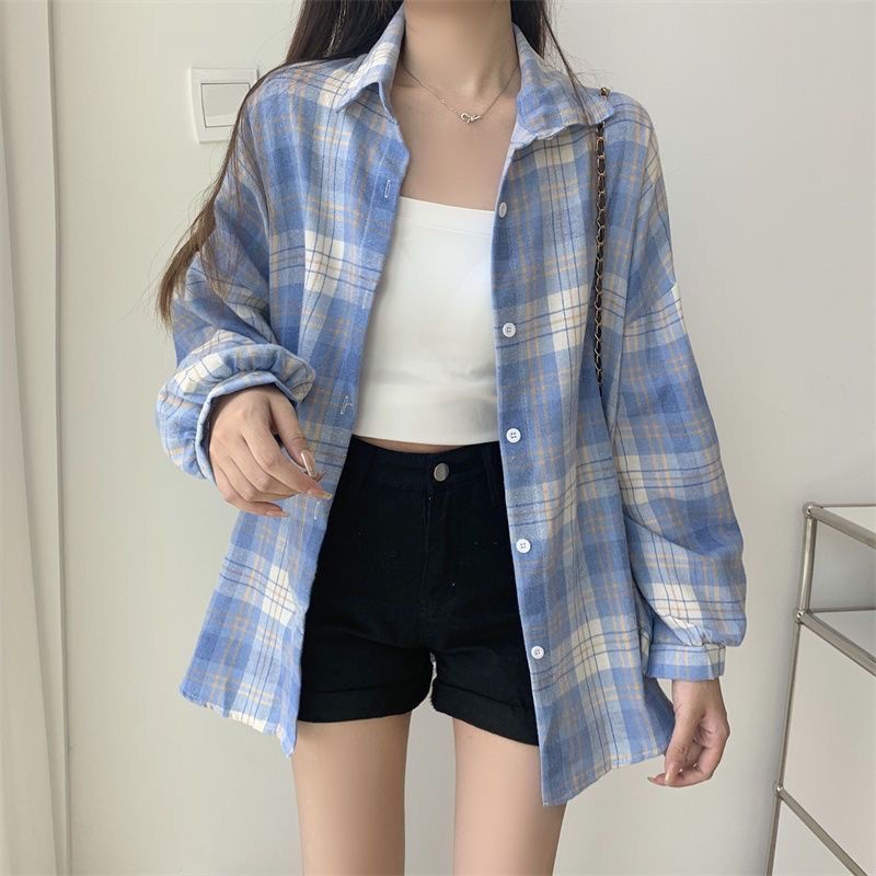 【草莓屋女孩】明星同款時(shí)尚格子襯衫