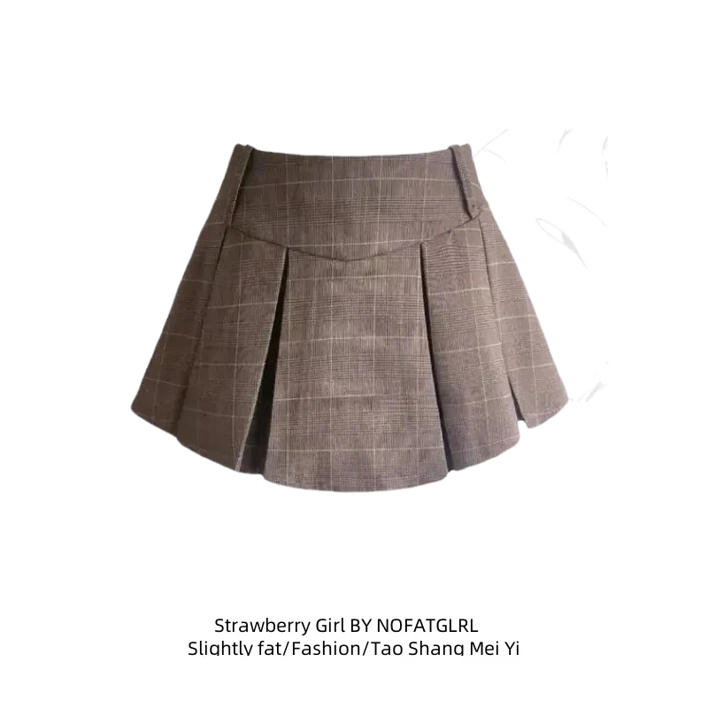胖MM韩系学院风格纹百褶半身裙