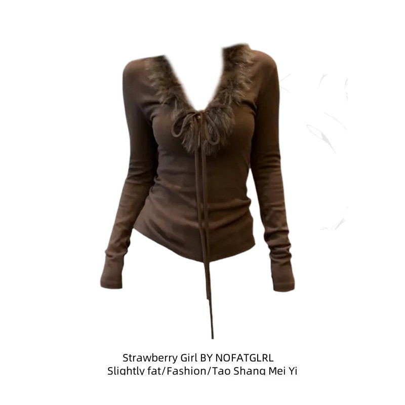 胖MM韩系毛毛领系带针织衫