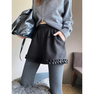 加厚短裤 大码 秋冬新品 复古设计感木耳花边拼接毛呢休闲裤 胖mm美式