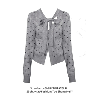 韩系蝴蝶结V领灰色波点针织开衫