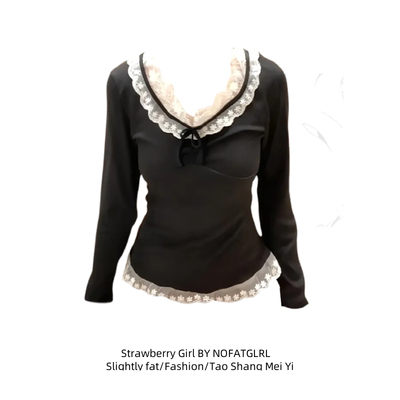 温柔蕾丝高级感V领修身长袖上衣