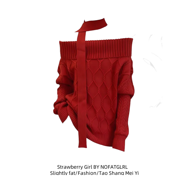 大码气质圣诞红色新年一字肩毛衣