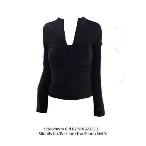 胖mm甜辣风V领褶皱长袖打底衫T恤