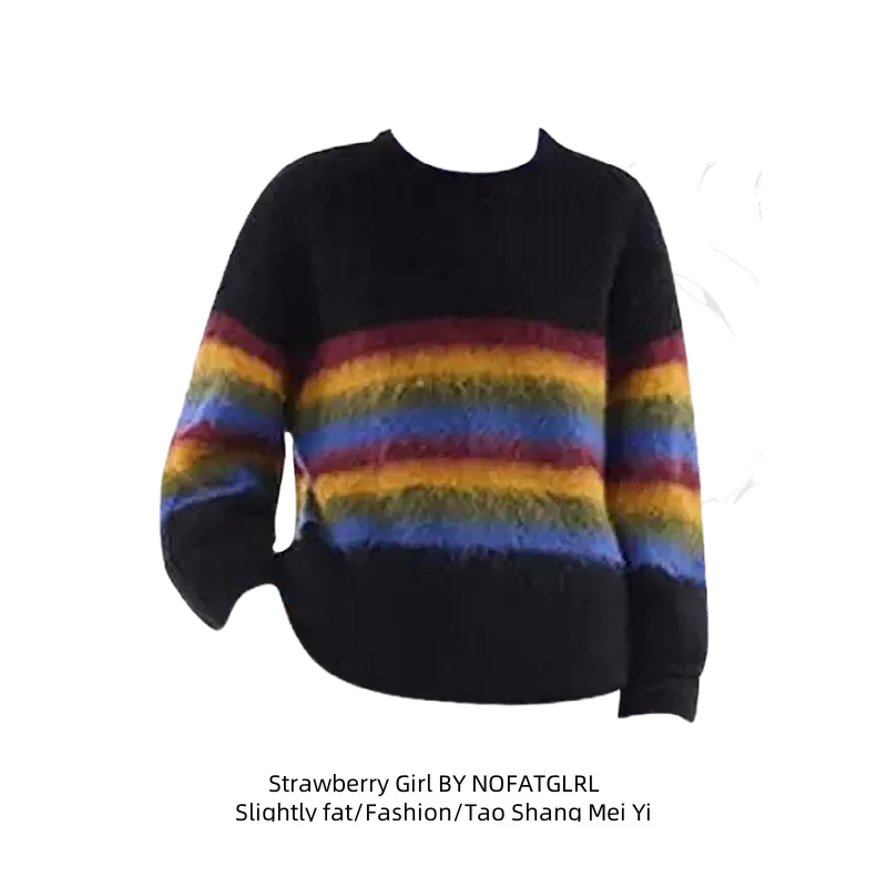 大码胖妹妹复古彩虹条纹撞色毛衣