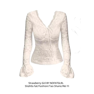 设计感长袖 纯欲辣妹风修身 上衣 女内搭秋冬大码 加绒V领蕾丝打底衫