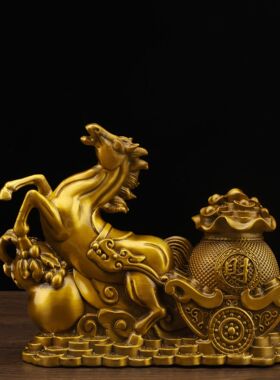 纯铜马拉元宝摆件宝马拉车马拉金箱马上发财家居客厅办公室礼品