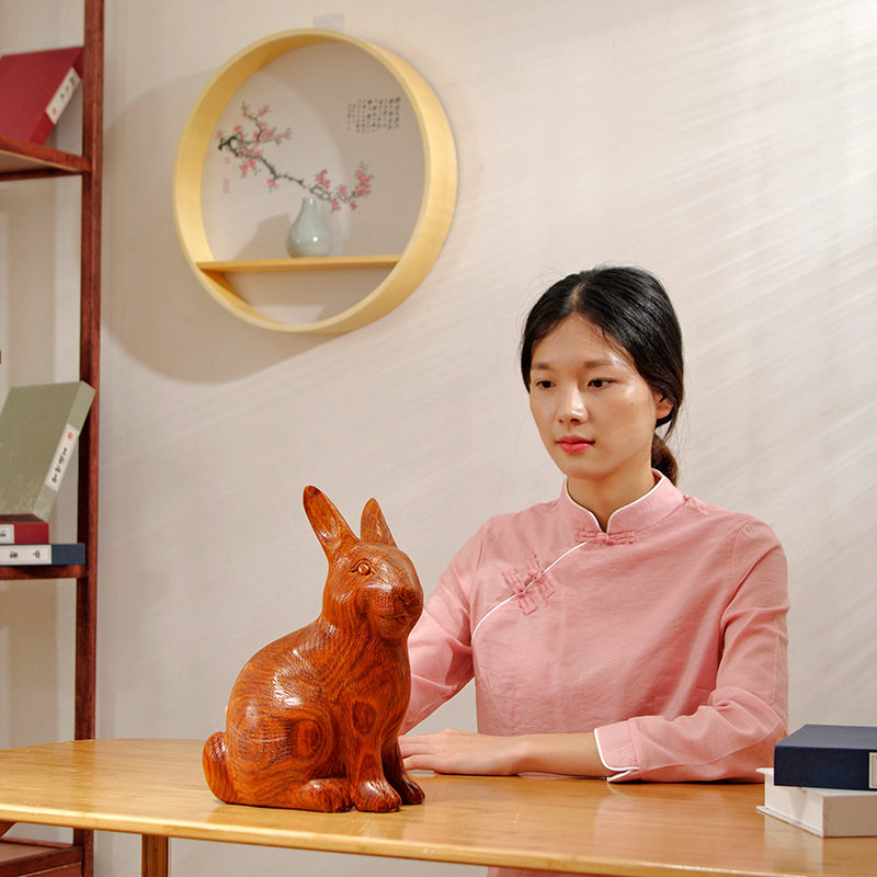 花梨木兔子摆件家居饰品十二生肖木雕兔子客厅办公室桌面手工艺品