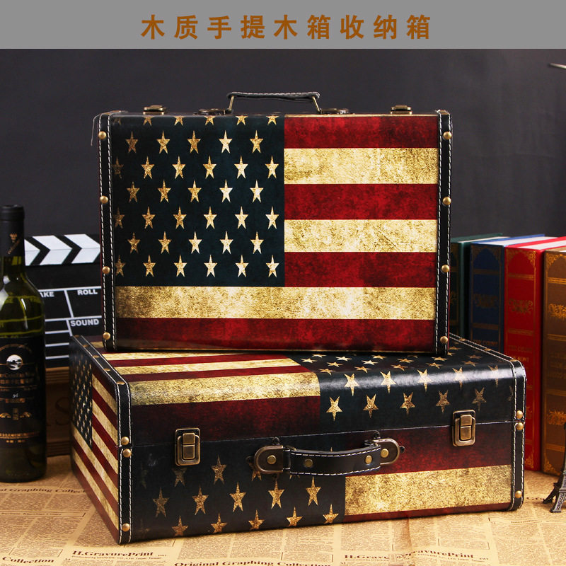 欧式复古手提箱储物木箱子老式旅行道具做旧创意摆件英伦收纳箱子图片