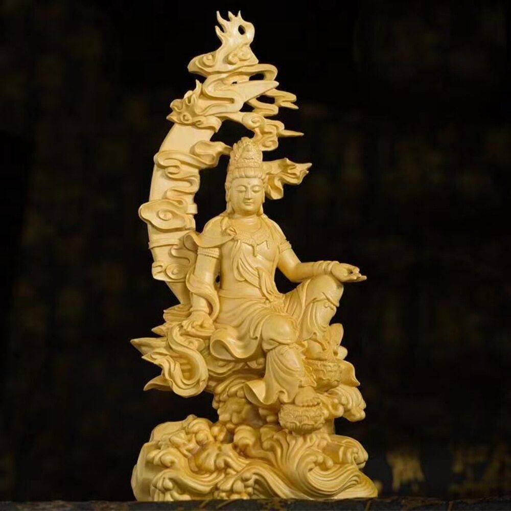 崖柏木雕水月观世音菩萨佛像家居家用饰品中式客厅玄关摆件工艺品
