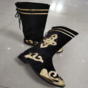 藏族舞蹈靴子少數(shù)民族蒙古族舞靴男款 系帶尖頭高幫黑色耐磨跳舞鞋