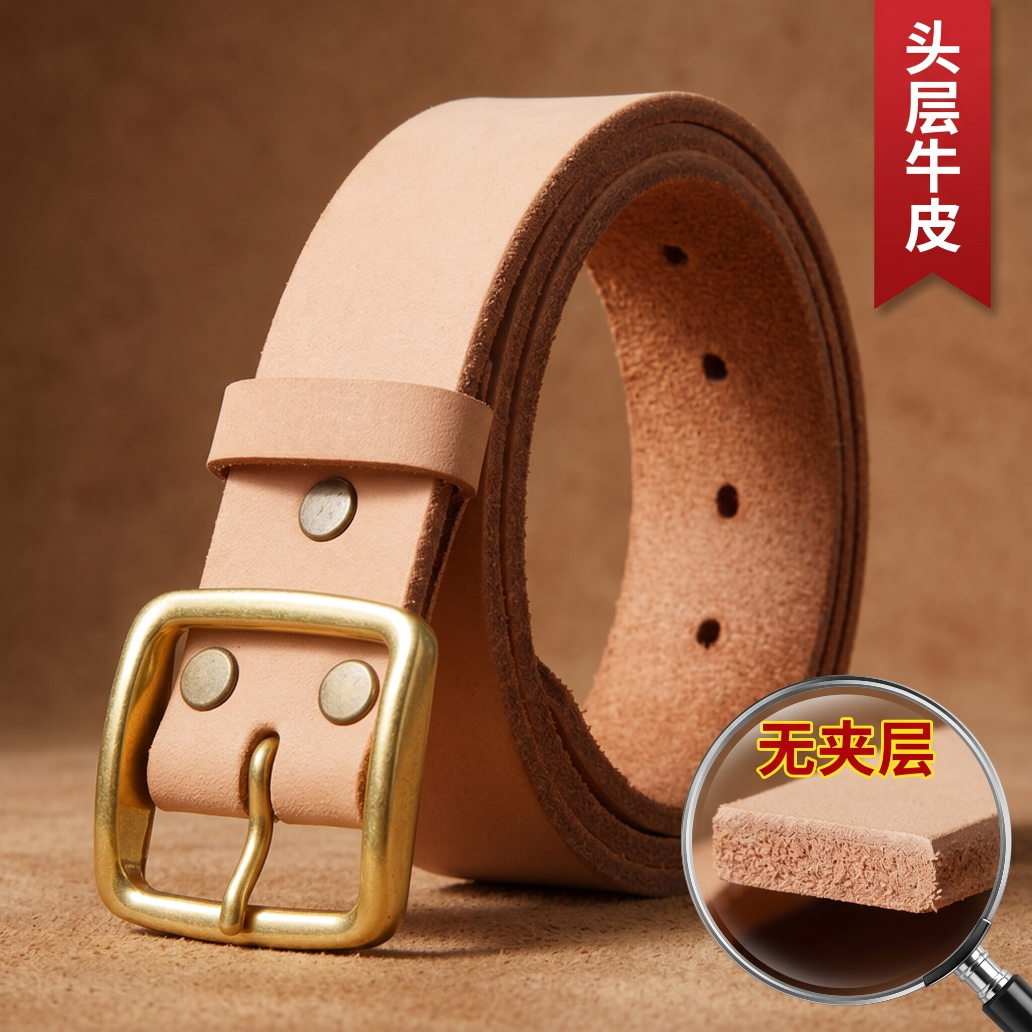 意尔康男士皮带真皮植鞣本色牛皮针扣腰带男款休闲牛仔裤头层纯牛