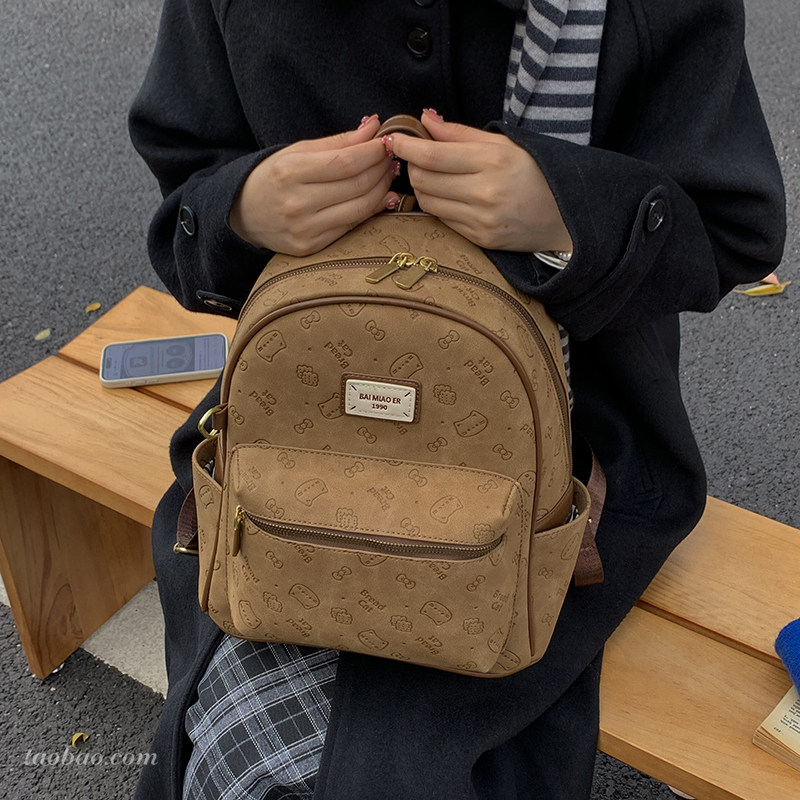 意尔康复古磨砂大容量女式双肩包2026新款通勤后背包学生上课书包
