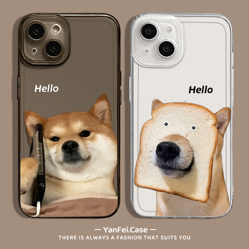 面包狗打电话柴犬透明透黑手机壳