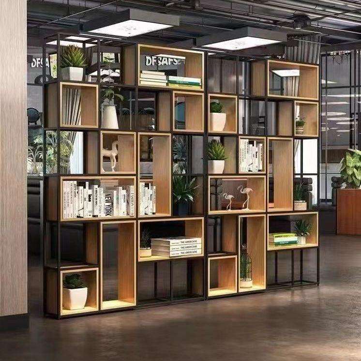 美式铁艺落地屏风隔断客厅架子实木书架现代简约展示架玄关置物架