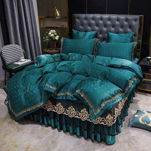 夏季水洗真丝贡缎提花床裙四件套简约欧式风蕾丝公主床罩外贸