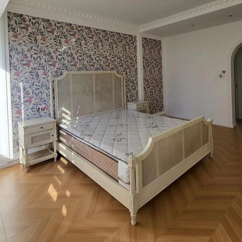 法式复古做旧藤编床欧式实木雕花主卧双人公主床美式乡村婚床仿古