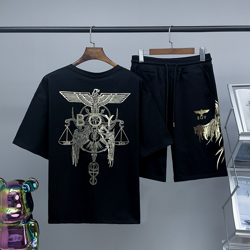 潮牌boy短袖套装天平翅膀烫金男女同款情侣休闲宽松短裤T恤衫