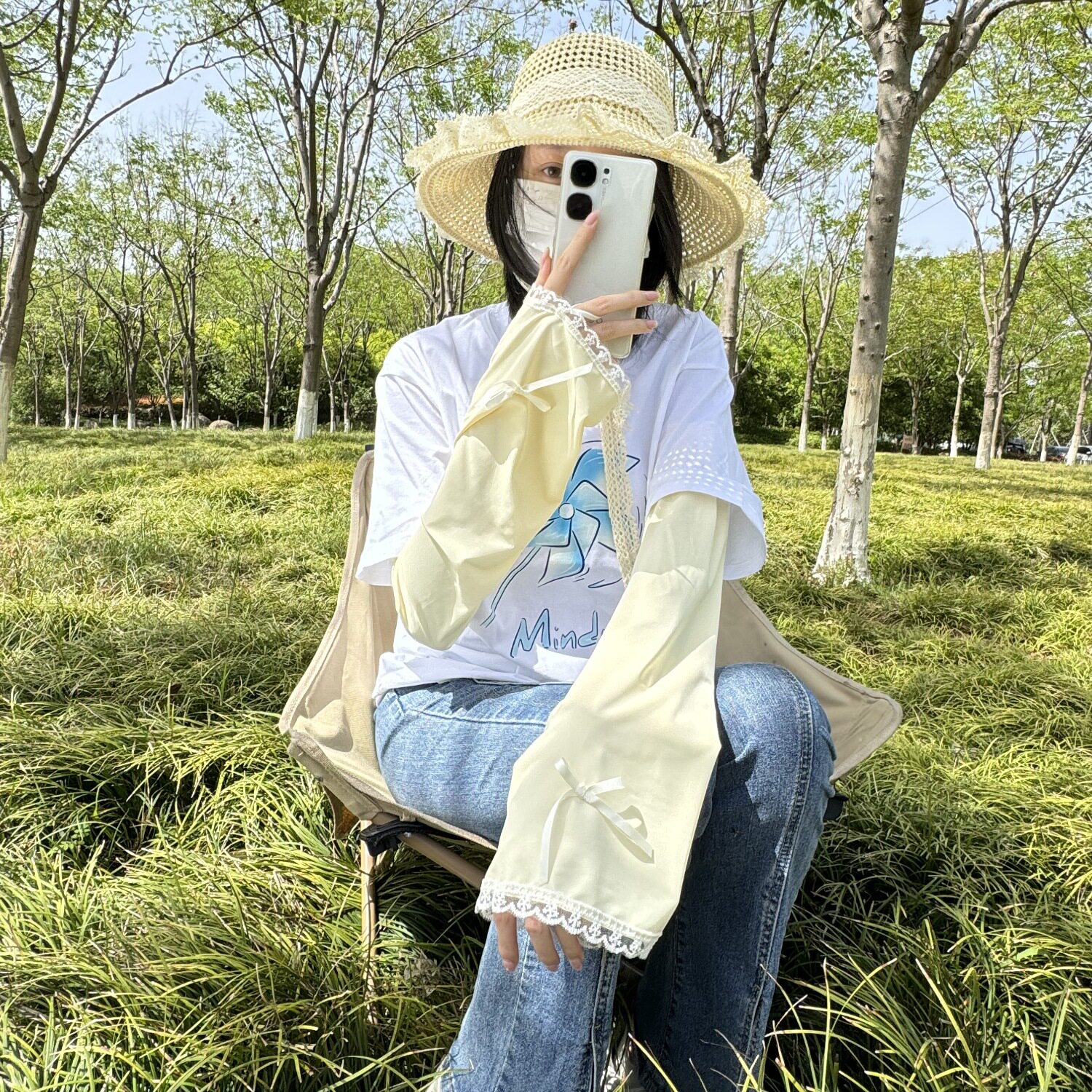纯色宽松大口防晒袖套蕾丝花边可