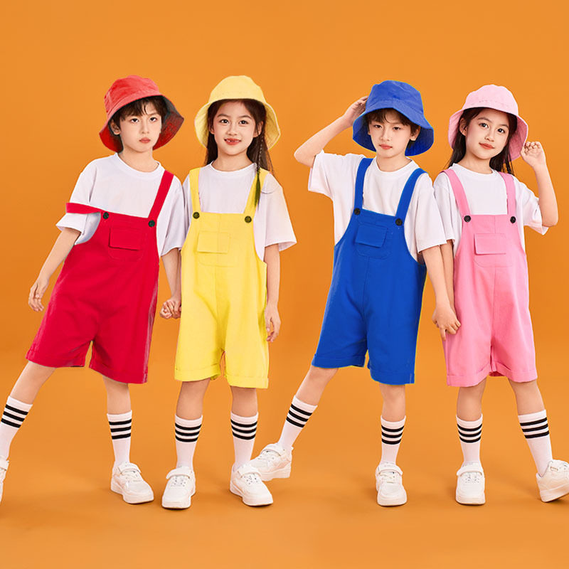 幼儿园六一表演服小学生合唱服舞蹈彩色背带短裤套装儿童啦啦队服