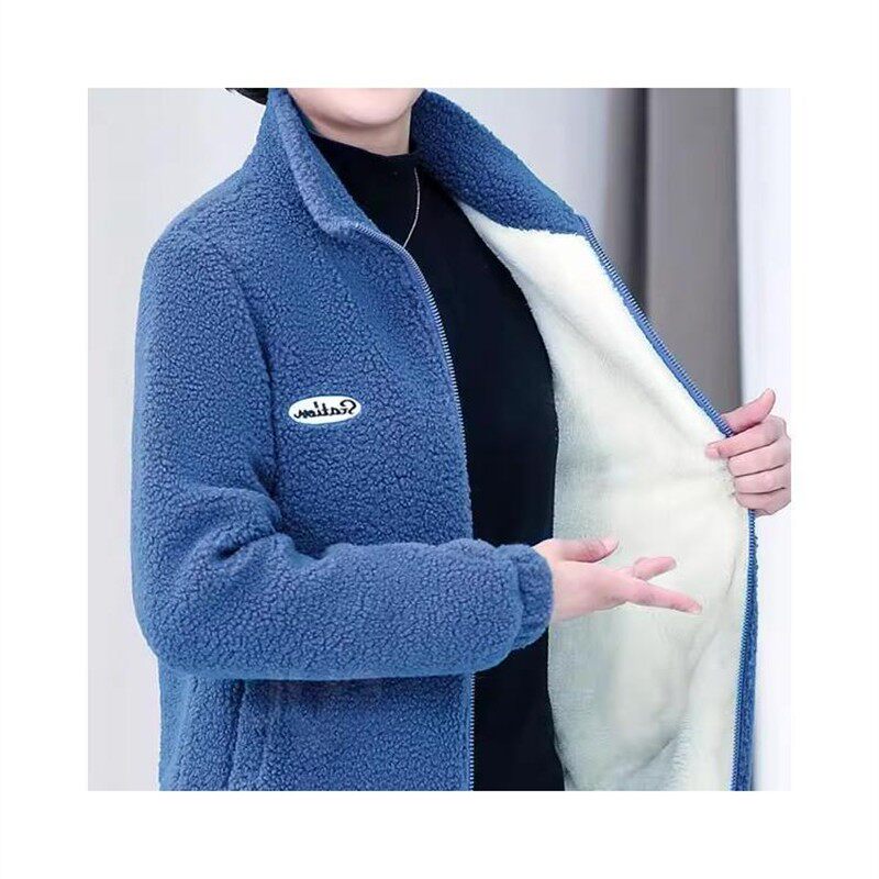 冬季新款妈妈装羊羔绒棉衣洋气中老年女装大码加绒加厚长袖外套