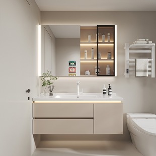 奶油风新款陶瓷一体盆浴室柜组合卫生间洗脸盆柜洗手盆洗漱台盆柜