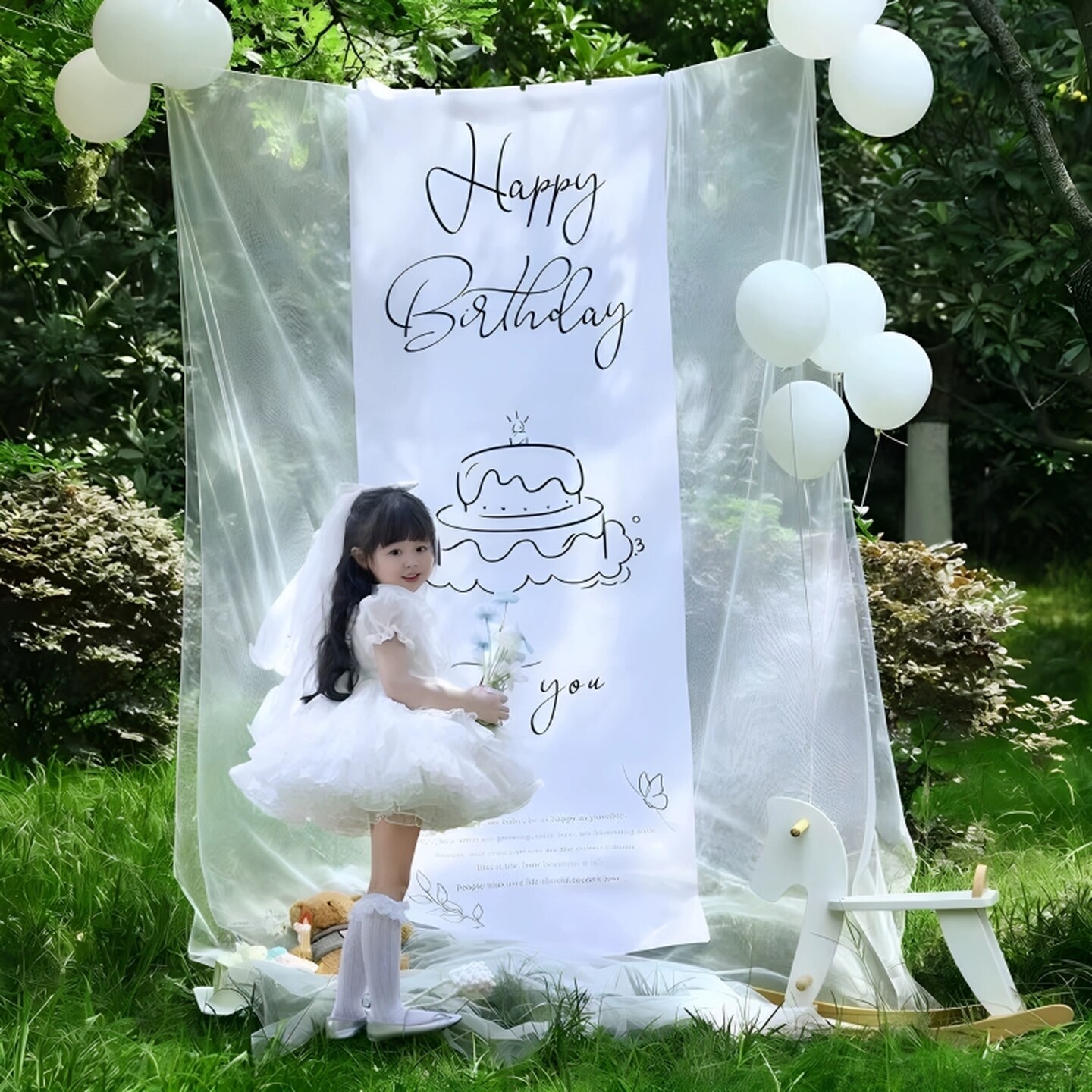 高级感生日背景挂布感网纱挂布女孩周岁户外拍照道具生日装饰布置