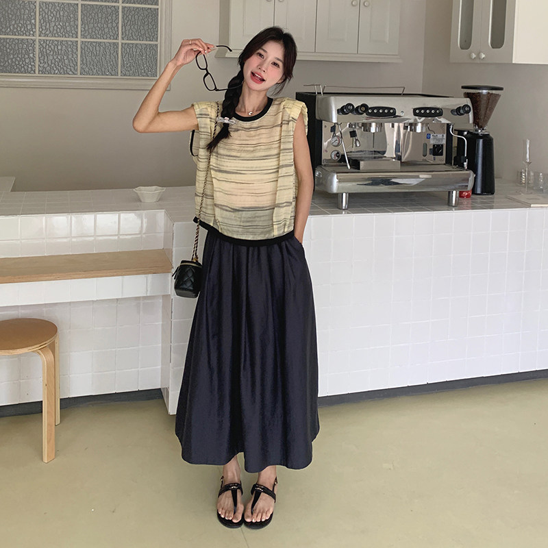 现货209-99002-P140-K208圆领撞色条纹百搭显瘦松紧高腰伞裙,女装套装/套裙,浙宝210（原浙宝191）