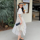 高级感方领泡泡袖薄纱连衣裙女夏2025新款小众设计感印花宽松长裙，女装连衣裙，浙宝210（原浙宝191）