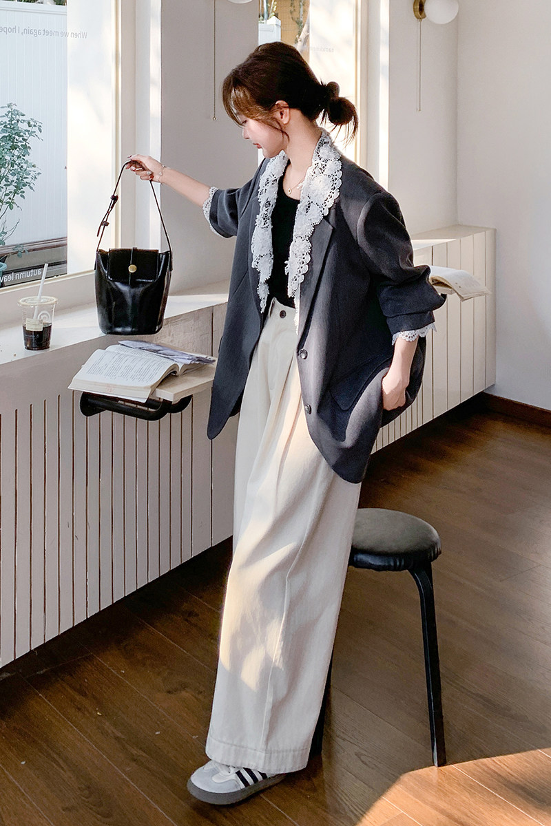灰色时尚高级感西装外套女2025春季新款韩版宽松蕾丝拼接休闲西服,女装西装,浙宝210（原浙宝191）