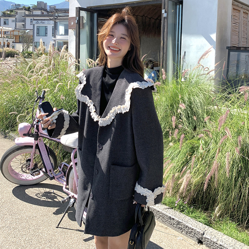 灰色蕾丝花边披肩翻领西装外套女2025新款韩系学院风减龄休闲上衣,女装西装,浙宝210（原浙宝191）