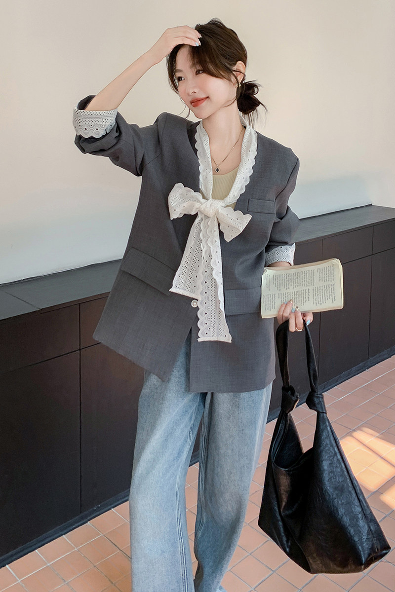 蝴蝶结设计蕾丝拼接飘带西装外套女2025春季新款气质通勤灰色西服,女装西装,浙宝210（原浙宝191）