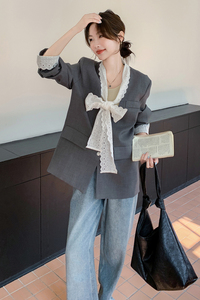 蝴蝶结设计蕾丝拼接飘带西装外套女2025春季新款气质通勤灰色西服图片