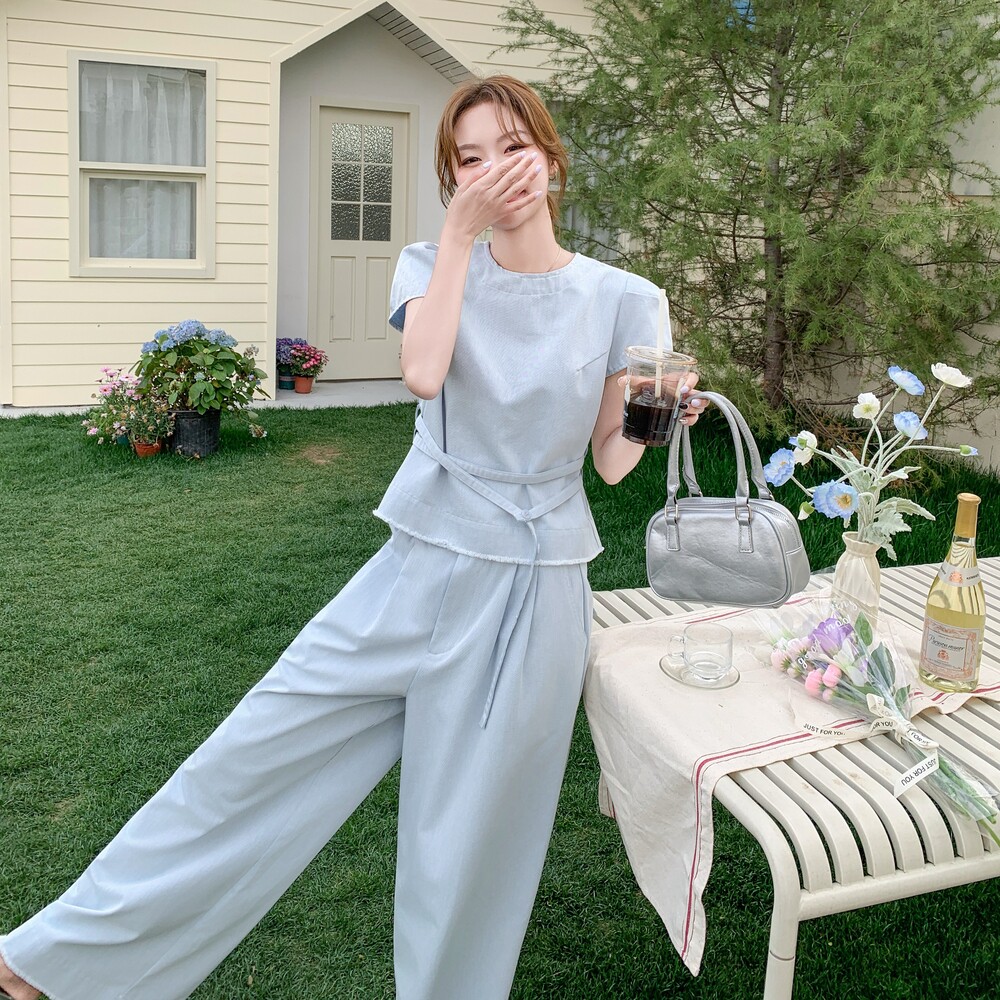 韩系休闲套装女2025夏季新款设计感小个子圆领上衣阔腿裤两件套,女装套装/套裙,浙宝210（原浙宝191）