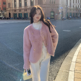新中式盘扣粉色仿水貂毛环保皮草外套女秋冬2024新款皮毛一体上衣，女装短外套，浙宝210（原浙宝191）