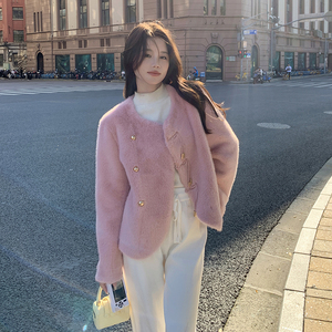 新中式盘扣粉色仿水貂毛环保皮草外套女秋冬2024新款皮毛一体上衣图片