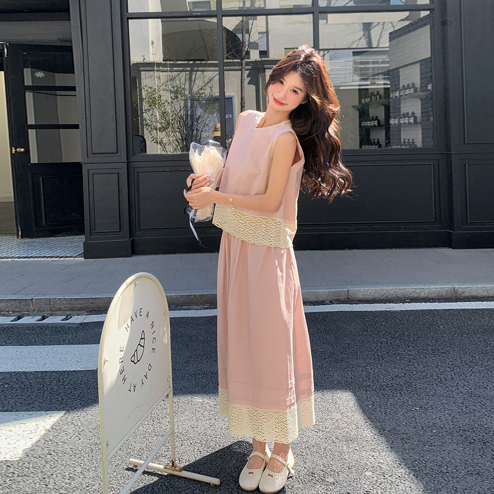 粉色甜美蕾丝拼接背心套装裙女夏季2025新款独特漂亮半身裙两件套,女装连衣裙,浙宝210（原浙宝191）