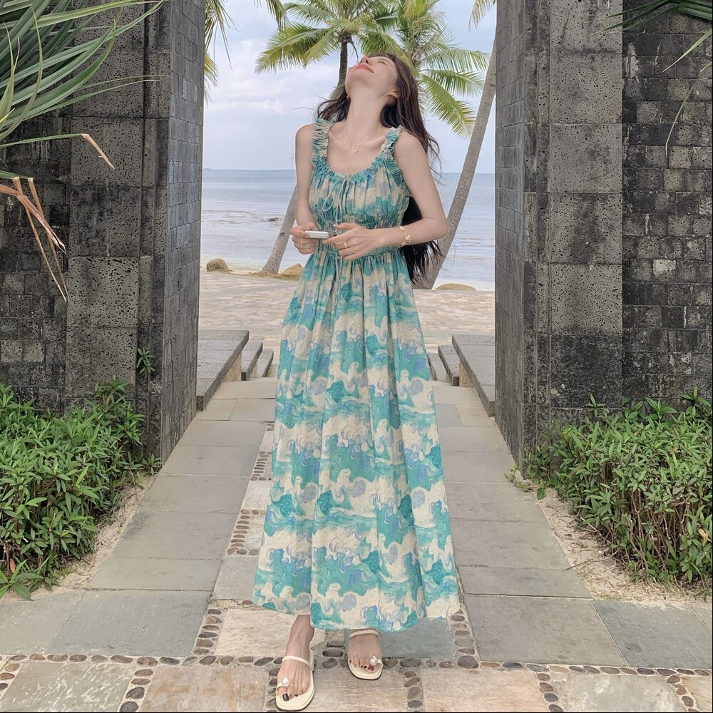 超仙浪漫油画无袖吊带裙女夏季新款度假风森系绝美小个子连衣裙,女装连衣裙,浙宝210（原浙宝191）