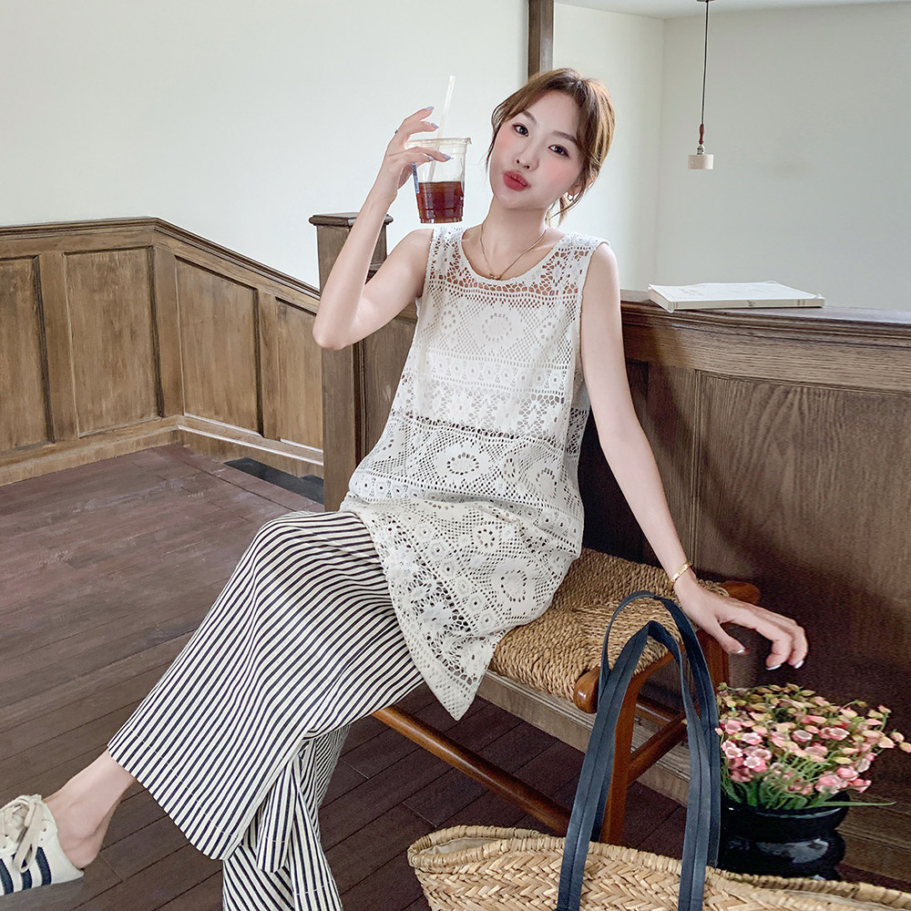 小香风蕾丝罩衫背心裙套装女夏季2025新款高级感条纹休闲裤一整套图片