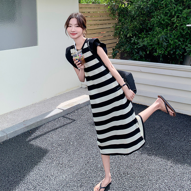 法式减龄小飞袖条纹连衣裙女2025夏季新款韩版宽松显瘦气质长裙子,女装连衣裙,浙宝210（原浙宝191）