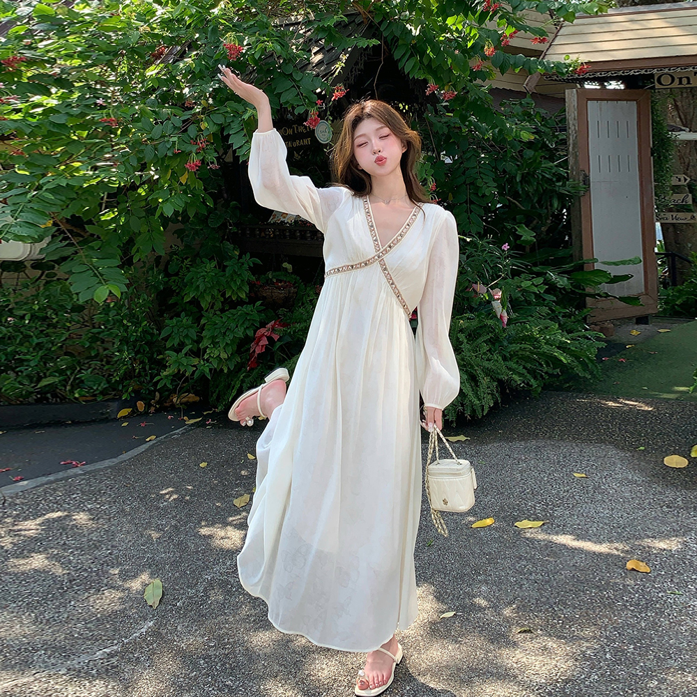 波西米亚风防晒长袖连衣裙女夏超仙法式浪漫V领掐腰显身材度假裙，女装连衣裙，浙宝210（原浙宝191）