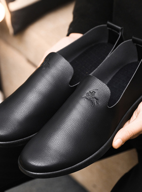 保罗柏妮丝2026春款休闲豆豆鞋男透气软皮一脚蹬懒人乐福鞋黑色