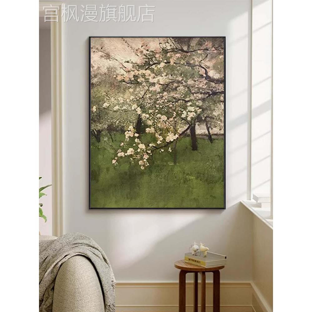 中古风抽象花卉客厅装饰画中式覆古桃花入户玄关挂画走廊过道壁画图片