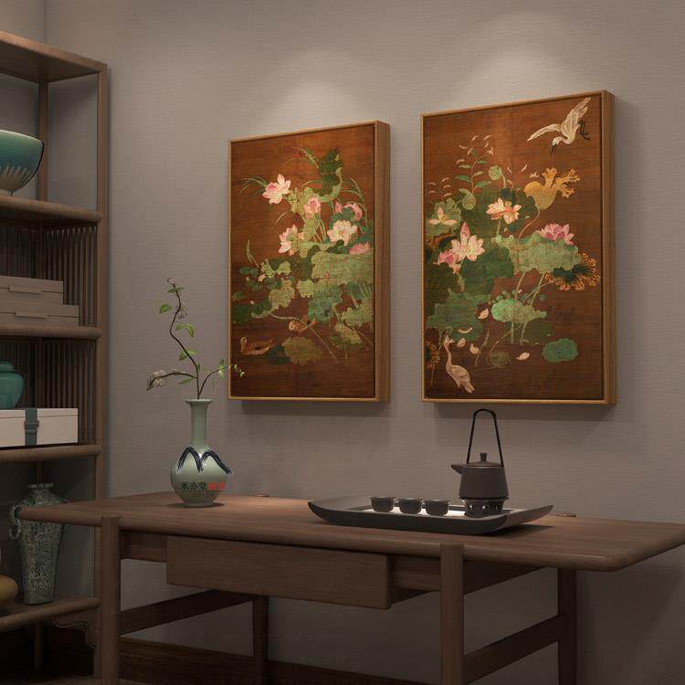 x莲池水禽图新中式日式荷花国画客厅茶馆中堂和室玄关挂画