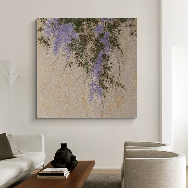 紫藤花纯手绘油画新中式玄关装饰画客厅抽象肌理紫色花卉丙烯挂画图片