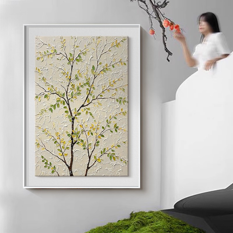 入户玄关树木挂画卧室床头高级感装饰画纯手绘客厅奶油风肌理油画图片