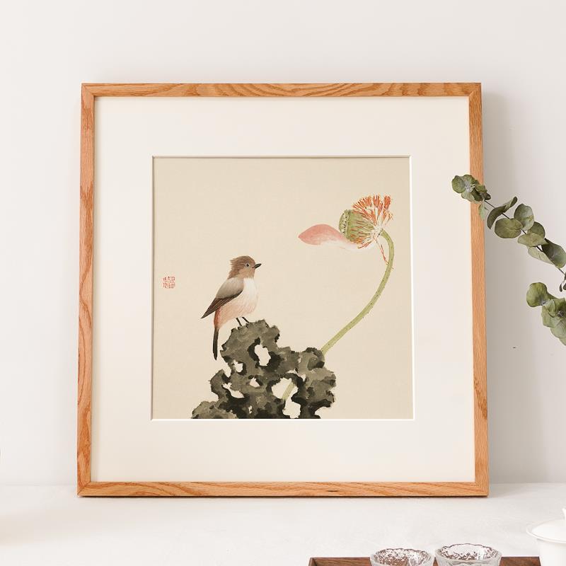 张英琦x工笔花鸟新中式装饰画画方形三联饭厅卧室书房淡雅日式挂