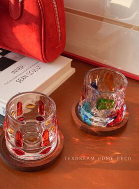 TEXDREAM织梦转转杯带杯垫不倒翁酒具手绘叶纹酒杯玻璃解压水晶杯