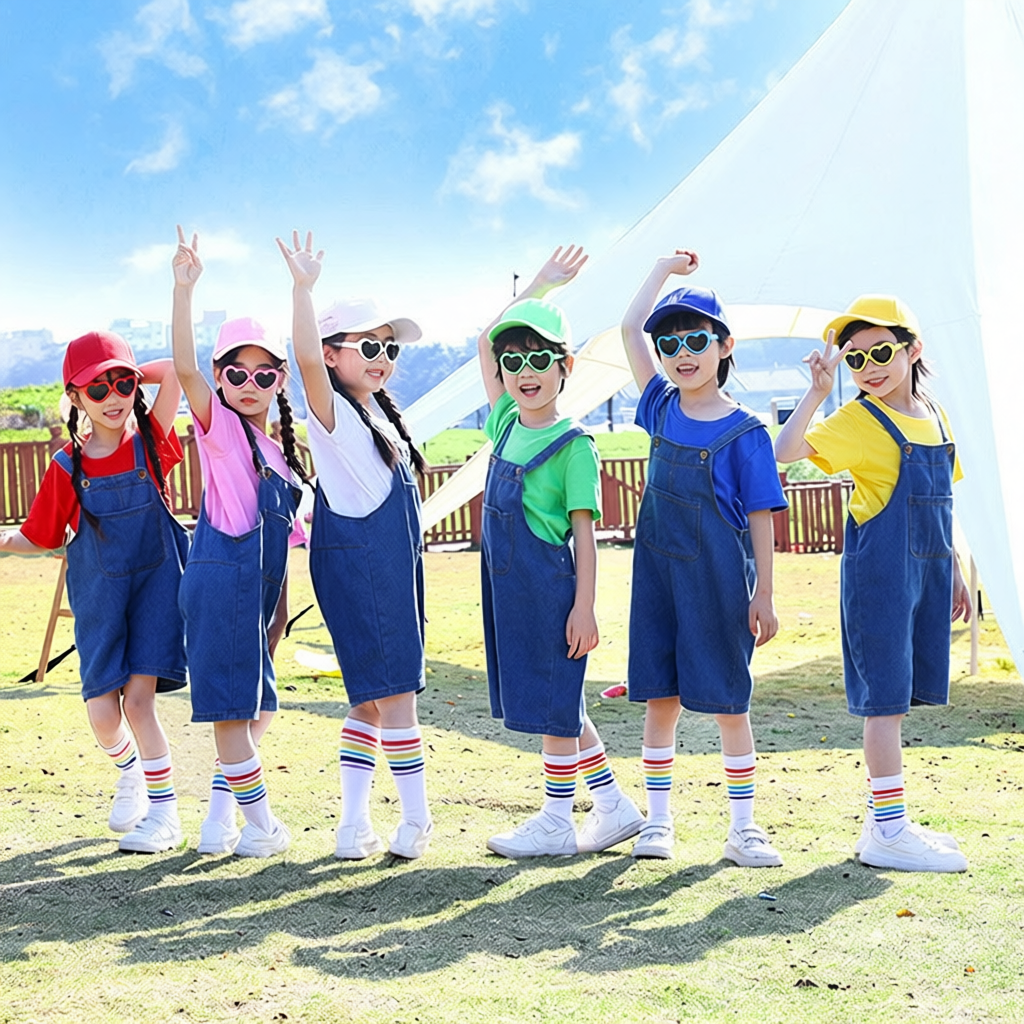 六一男童女童牛仔背带短裤套装夏季幼儿园毕业班服儿童合唱表演服